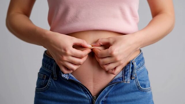 Woman pinching excess skin on her abdomen while wearing jeans and a pink top