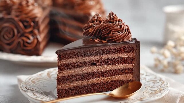 Delicious slice of rich chocolate cake with creamy frosting layers presented