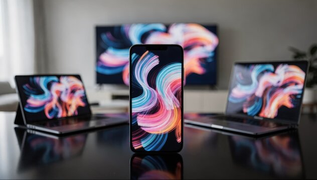 Phone displaying live streaming content with blurred tablet TV and laptop showcasing simultaneous synchronization in a connected ecosystem.