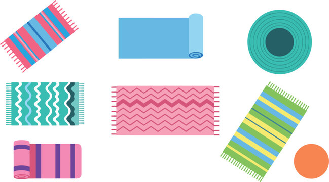 Colorful beach towels and yoga mats collection top view summer textile vector illustration set