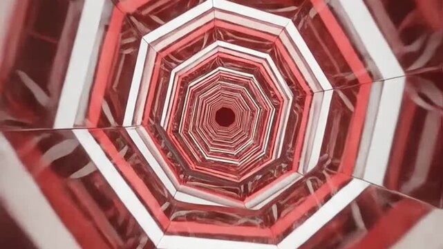 Abstract red and white octagonal tunnel creates an infinite perspective