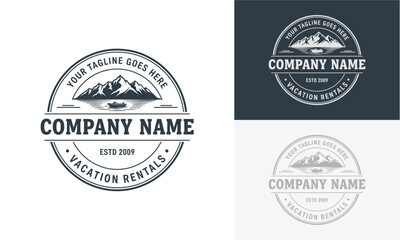 Obraz premium Collection of company logos for vacation rentals featuring mountains and text