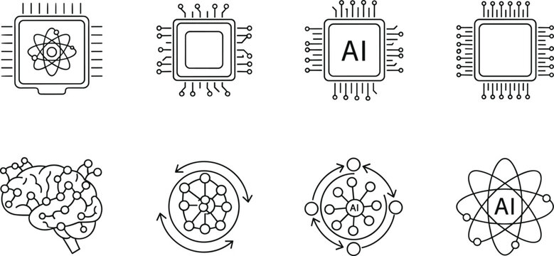 Set of artificial intelligence icons, neural network brain, CPU microchip, machine learning symbols, quantum computing technology, digital brain, and electronic processor.