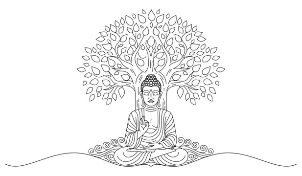 Buddha Meditation Under Bodhi Tree Line Art Vector Illustration