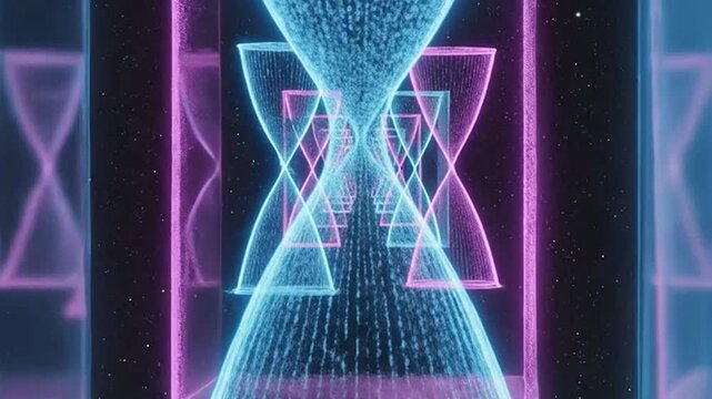 Futuristic neon hourglasses glow in a digital abstract time tunnel