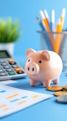 Finance Calculator with Piggy Bank on Desk Budgeting Essentials Office Environment Creative Viewpoint for Personal Finance Management