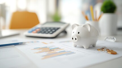 Finance Calculator for Bank Savings with Piggy Bank on Desk Office Environment Close-Up View for Budgeting and Financial Planning