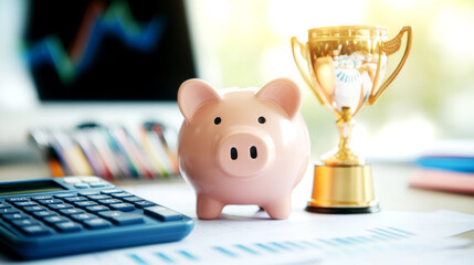 Finance Calculator for Smart Saving with Piggy Bank and Trophy in a Modern Bank Office Environment