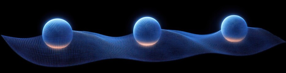 Obraz premium three glowing blue wireframe spheres sitting on a flowing blue grid mesh over a black background, evoking calm futuristic wonder