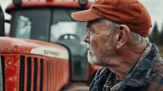 Portrait of an experienced farmer beside his tractor in Finland showcasing rural life and dedication to agriculture during a clear day