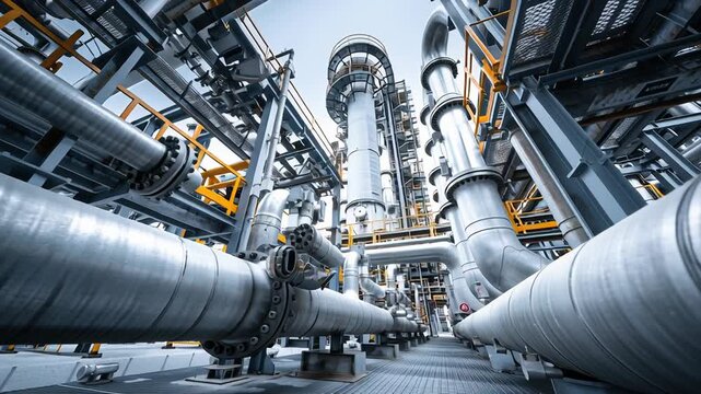 A large industrial plant with many pipes and a large tower. Close-up of carbon capture technology details, pipes, filters, and control systems, clean and orderly design, modern industrial aesthetic