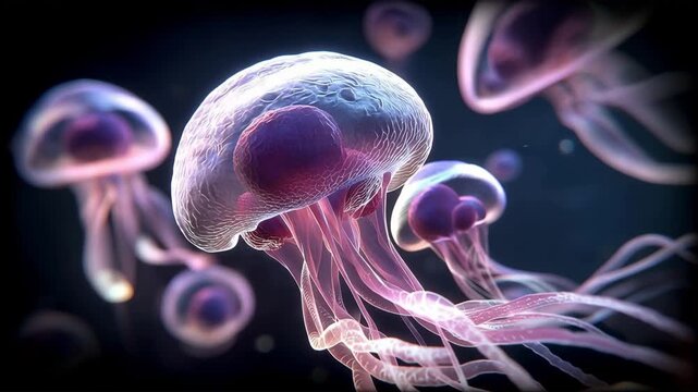 3D animation: Glowing translucent microorganism drifts. Neon pink, blue, detailed internal structures, flagella. Abstract biology, science visual, underwater feel. particle background.