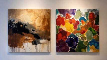 Abstract art exhibition with two vibrant modern paintings on display.