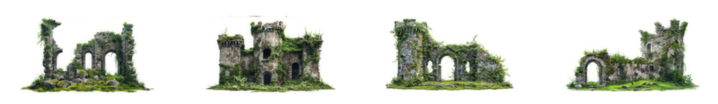 Medieval castle ruins covered in ivy, evoking a sense of mystery and history. isolated on transparent background