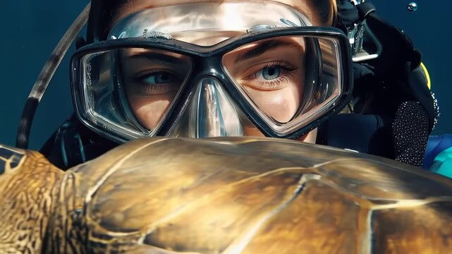 Female scuba diver interacts with a hawksbill turtle underwater in a vibrant marine environment near a tropical reef during a sunny day