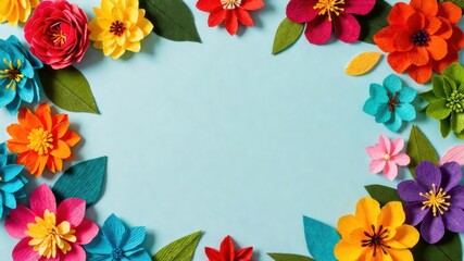 Obraz premium Colorful paper flowers on light blue background with bright blooms and green leaves.