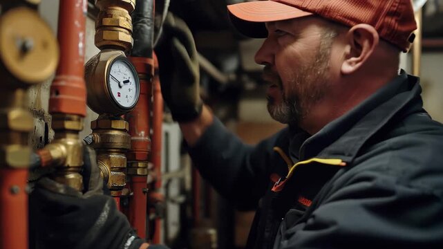 Professional plumber checks boiler pipes in residential basement during routine maintenance and inspection to ensure optimal performance and safety