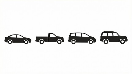 Fototapeta premium Silhouettes of compact car, pickup truck, minivan, and SUV with roof rack, symbolizing diverse vehicle types, representing transportation, mobility, and automotive design categories.
