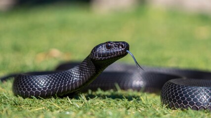 Fototapeta premium Close-up of black snake with tongue out on grass.