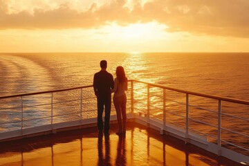 Fototapeta premium two silhouetted people standing together on a ship deck by the railing, watching a golden sunset over calm ocean waters with glowing reflections and a peaceful romantic mood