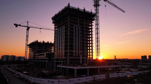 Construction site at sunset with cranes and tall buildings under construction.