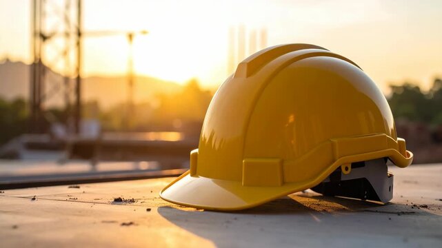 Yellow construction hard hat resting on a surface at sunset with blurred industrial background