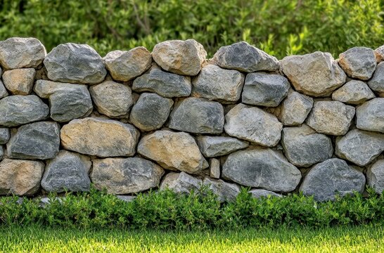 low dry-stone wall of irregular gray and tan rocks separating lush green lawn and leafy shrubs, a tranquil rustic garden scene