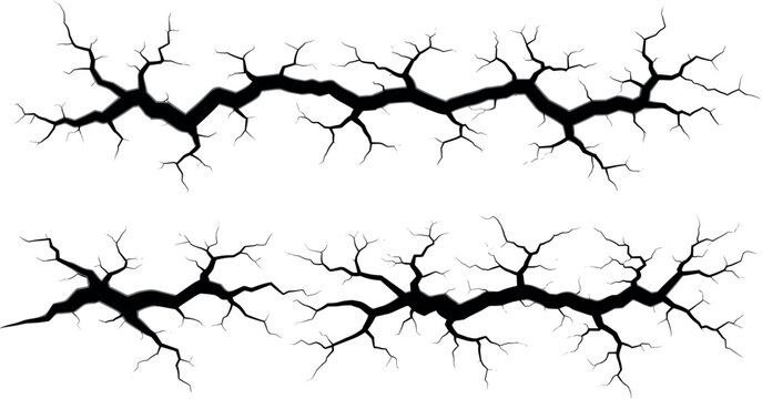 Black crack fracture lines set with broken ground texture isolated vector collection