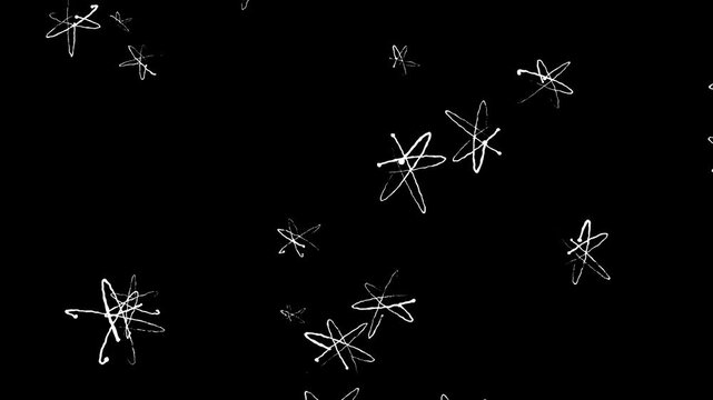 Atom or molecule animation in doodle style on a black screen. Stock video with a physics lesson concept. Hand-drawn Atom mark icon in 4K. Сoncept: physics, chemistry, education, school, stem