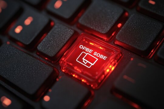 close-up of dark textured computer keyboard with a glowing red translucent keycap labeled OPBE SOBE and a white monitor icon, intense futuristic dramatic mood