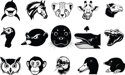 Obraz premium Collection of various animal heads in profile and front views