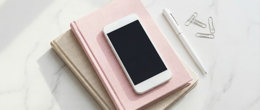 Organizing your work station smartphone notebook and office supplies on a desk minimalist environment top view productivity concept