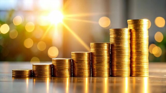 Stacks of golden coins arranged in ascending order, bathed in warm sunlight.