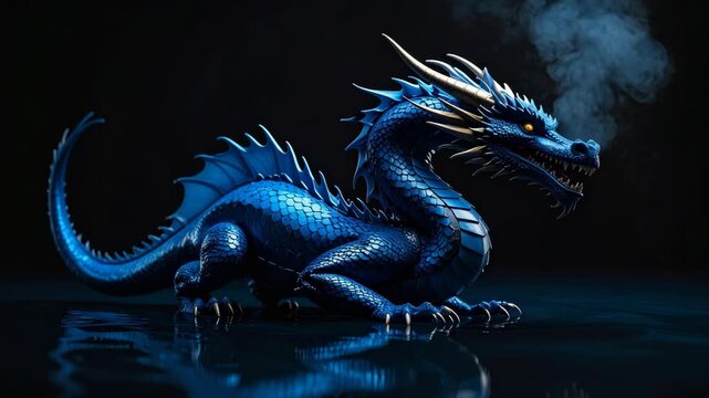 Majestic blue dragon with scales and horns exhaling smoke near water