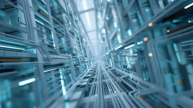 A futuristic building with many windows and a long hallway. Close-up of dynamic storage balancing flow lines across modular energy units, smooth soft futuristic tone, ai optimized energy storage
