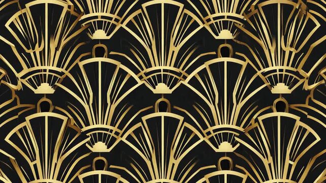 Art Deco Fan Pattern: Elegant Gold and Black Geometric Design for Textile, Wallpaper, or Decorative Backgrounds.
