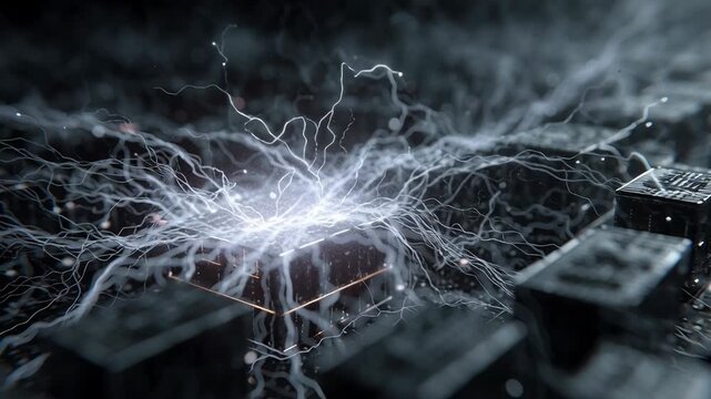 A computer chip with a black background and a bright blue light. Close-up of fractal energy density graph floating above compact power cell architecture, cinematic future lab, ai optimized energy 