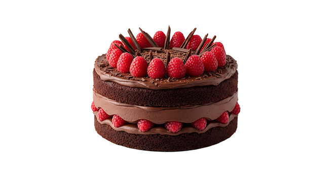 A chocolate cake with raspberries on top and around the sides on transparent background