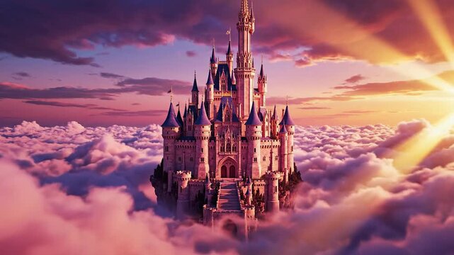 Cloud-topped castle shines at sunrise