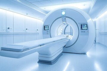 empty mri scanner and patient table in a bright sterile clinical room with blue ambient lighting, control screens and a calm futuristic atmosphere