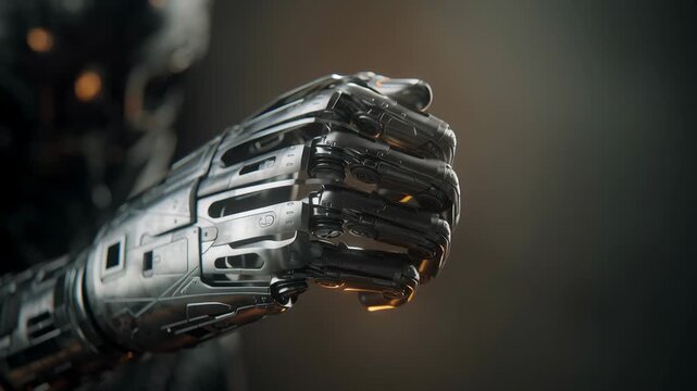 A robotic hand pointing to the camera. Concept of technology and futuristic elements. Close-up of AI capital protection mode automatically switching, subtle futurist tonal commercial, ai driven invest