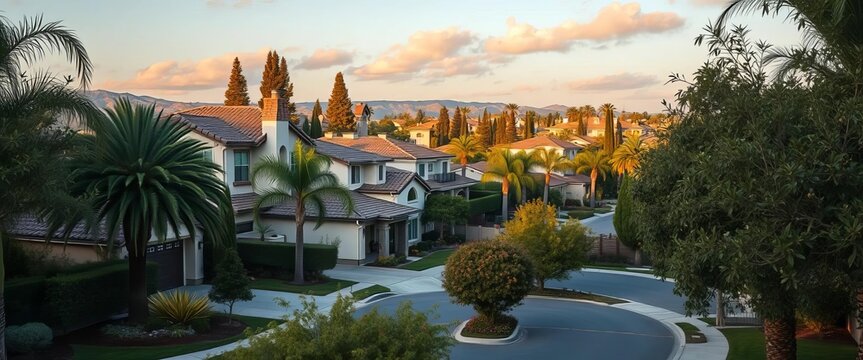 Upscale homes, lush landscaping, tree-lined streets in Costa Mesa neighborhood,  neighborhood scene,  outdoor
