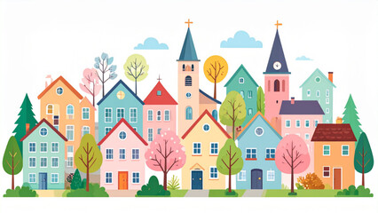 Fototapeta premium Colorful Small Town Neighborhood Vector Illustration Set with Houses, Church and Trees