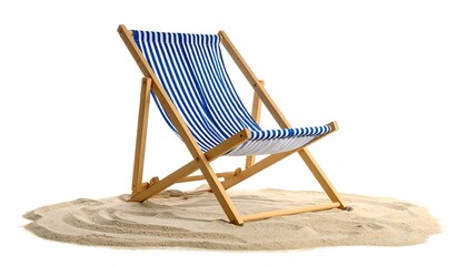 Striped blue/white deck chair on sand, isolated. Light wood frame, sunny beach vibe, simple composition