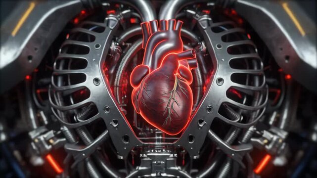 Mechanical Heart With Red Glow In Detailed Futuristic Machine