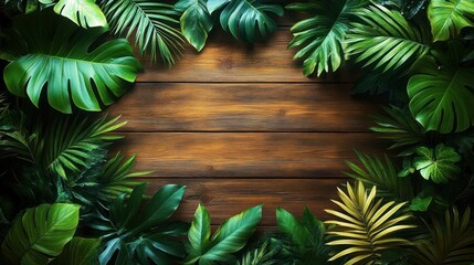 lush tropical green leaves framing warm wooden plank background, fresh calm natural vibe