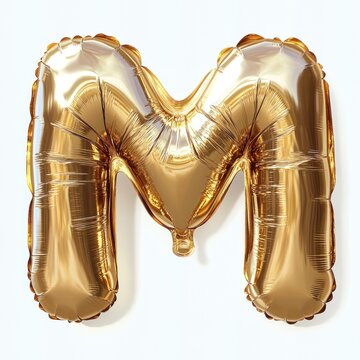 gold foil balloon shaped like the letter m on a white background with shiny reflective surface, festive and celebratory mood