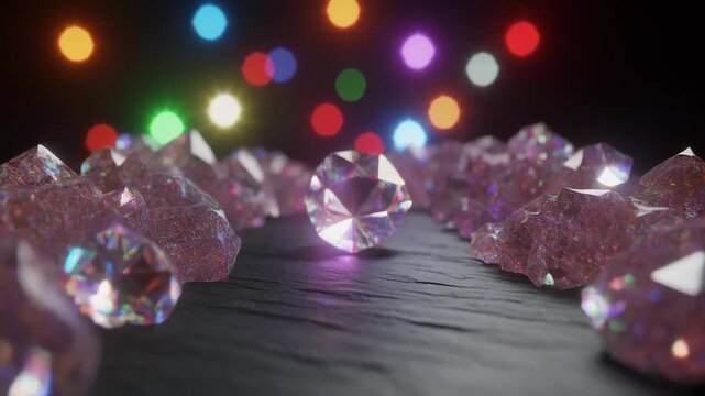 Many Pink Diamonds Scattered On Dark Surface With Colorful Bokeh