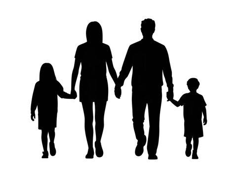 Family of Four Walking Together Holding Hands Silhouette