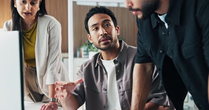 Business, people or advice with computer in office for market shift, trading news or cooperation. Traders, team and discussion with tech for finance report, investment feedback or explain stock price